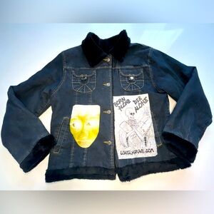 Milly Jeans Denim Jacket Black Fur Lined Skull Patches Fur Collar Sz XL Y2K OOAK